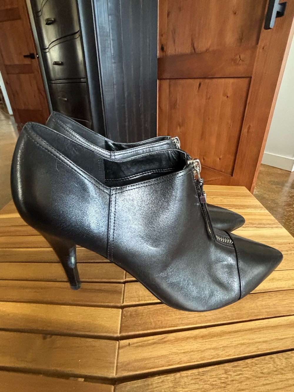 Michael Kors Black Pointed Leather Ankle Heels with Front Zip